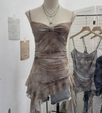 Real Shooting Thrombial Rivet Sling Skirt Design Lotus Side Ribbon Ribbon Vest Dye Net Yarn Sleeveless Top Lady 1275