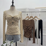 Real Shooting Atmosphere Love Print Net Folded Bow Bow Long Sleeve Bottom Shirt T-Shirt Collar Collar T-Shirt 2831