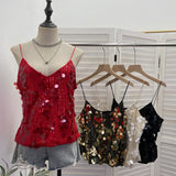 Real Shooting Heavy Industry Bling Bright Flash Beads Low V Collar Sexy Sling Vest Night Shop Babes Sleeveless Top 9153