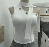 Real Shooting Hanging Neck Small Sling Vest Outside Wearing Brooch Knitting Elastic Shoulder Ribbon Hottie Top 1052