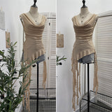 Real Shooting Waste Soil Wind Low Chest Collar Irregular Lotus Side Ribbon Vest Female Perspective Thin Sleeveless Top 9623