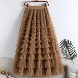 Lotus-Leaf Yarn Skirt Fairy Dress Girl 2025 Summer Slim Dress High-Waist A-Shaped Mesh Cake Skirt