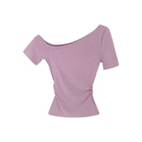 2026 Early Spring Korean Chic Inclined Shoulder Short-Sleeved T-Shirt Women's Commuting Summer New Slim Slimy Super Good-Looking Exposed Shoulders