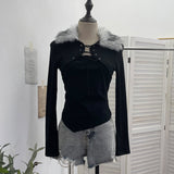Real Shot Hair Splicing Tie With Fake Two Long-Sleeved T-Shirt Blouse Irregularly Short-Hitting Shirt23009