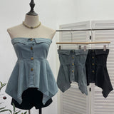 Real Shooting Thai Hottie Irregularly Under The Water Wash Denim Breast Vest Short Single-Breastless Sleeveless Top 2652