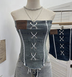 Vintage Sexy Water Wash Denim Pocket Spliced Lace Bra Design Without Strap Vest 2753