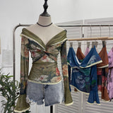 Vintage Oil Painting Print Collar A Word Twisted Folded Short-Sleeved Trumpet Blouse 9907