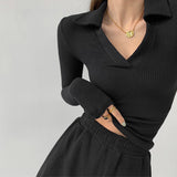 Hottie Sexy V-Neck Thin Bottom Shirt 2026 Early Autumn Solid Sleeve Polo Shirt In Tide T-Shirt