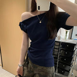 Spice Girls Design Pure Style Waffling Tinger Slanted Shoulder Short-Sleeved T-Shirt Women 2025 Summer New Dew Shoulder