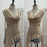 Real Shooting Waste Soil Wind Low Chest Collar Irregular Lotus Side Ribbon Vest Female Perspective Thin Sleeveless Top 9623