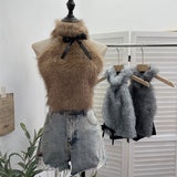 Real-Shooting Bow Hair Spliced Hanging Neck Vest Women In Autumn And Winter With Sleeveless Outside Wearing Short Babes Top 9309
