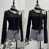 Autumn Spice Girls Slant Shoulder Cowboy Shirt Design Sense Of The Neck With Long Sleeves And Short-Term Repair Bodysuit 2668