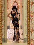 Temperament Famous Sister Style Sling Dress Retro Print Design Sense Niche Open Fork Body Ass Long Skirt