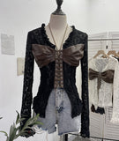 Real Shooting V Tie With Retro 2025 New Hottie Sexy Lace Splicing Pu Leather Hollow Shirt Top 6108