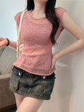 Tea Tea Yarn Knitted Jersey Ice Blouse Women Summer Large Size Fat Mm Unique Beautiful Shirt Splicing Irregular