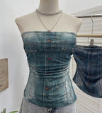 Real Shooting Denimed Tie-Dye Printing Mesh Yarn Tectar Tset With Chest Cushion Anti-Slip Vest Short Top 1255