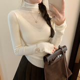 2026 Early Spring Real-Etle Temperament Tulle Splicing High-Necked Wool Bottoming Knitted Autumn Gentle Fragrant Blouse
