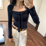 Temperament Square Tie Design Feel White Inside The Bottom Shirt Women's Autumn And Winter 2025 New Long-Sleeved T-Shirt Short Top