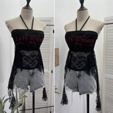 Real-Patting Hottie With Chest Cushion Letter Print Hanging Neck Sling Vest Irregular Ribbon Ribbon Sleeveless Lace Top 1285