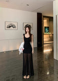 Design Sense Mesh Splicing Sling Dress Women's Summer Niche Temperament Waist Dress Gentle Style Black Dress