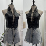Real Shoot Babes Sexy Hollow Strap Hanging Neck Pu Sling Sling Vest Short-Carded Back Dress Woman 8120