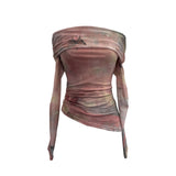Real Shooting Design Dizzling A Word On The Shoulder Of The Women's Net Exposed Shoulder Long Sleeves Irregularly Folded Short T-Shirt 1198