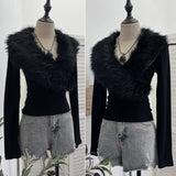 Millennial Hottie Hair Splicing Cross V Collar Long Sleeve T-Shirt Repair Bottom Grinding Short Top 23326