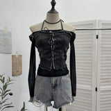 Real Shooting Hottie Fake Two Cowboy Hanging Neck Splicing Mesh Yarn One-Word Shoulder Strapped Dress Short T-Shirt 8935
