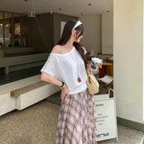 Real Shot A Word Shoulder Slant Shoulder Waist White Short-Sleeved T-Shirt Women's Summer 2026 New Pure Desire Design Sense Short Top