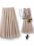 Women's Clothing 2025 Autumn And Winter 2025 New 20 Pieces Spliced Solid Color Mesh Dress Skirt A Word Umbrella Skirt