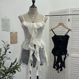 Dark Wasteland To Make Old Hole Slings Vest Irregular Lotus Side Ribbon Short Sleeveless Top 9238