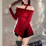 Pure Three-Dimensional Flowers Shoulder-Opened Long-Sleeved Knitted Shirt 2025 Autumn New Slim Top Woman Tide