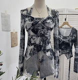 Single Special To The Net Yarn Design Sense Hanging Neck Top Cross Folded Repair Short T-Shirt 1178