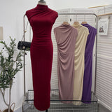 Ceclent Unique Dress With Thin Folds And Hips High-Collar After The Opening Of The Fork Dress 8858