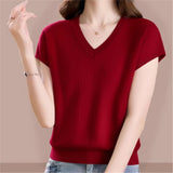 2026 Summer Loose New V-Neck Stripe Simple Short-Sleeved Knitted Shirt Women Large Size Thin Leisure
