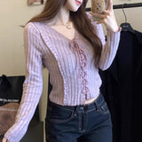 Sweet Babes V Tie With Long-Sleeved Knitted Shirt Girls Autumn New Wooden Ear Splicing Short Thin Niche Tops