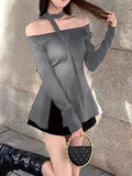 Pure Three-Dimensional Flowers Shoulder-Opened Long-Sleeved Knitted Shirt 2025 Autumn New Slim Top Woman Tide