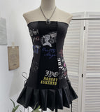Printed Split Splicing Rope Tie With Pu Skin Bra Punk Babes Dress Dress Girl 6289