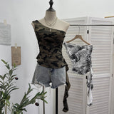 Real Shooting Street Hottie With Chest Pads With Chest Pads To Wear Chest Vest Print Irregular Short-Term Collection Waist One Shoulder Sleeveless Top 9276