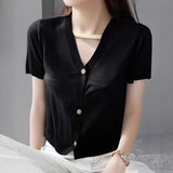 2026 Summer New Temperament Short-Sleeved Knitted Cardigan V-Neck Thin Bottom Thin Top Woman