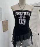Real Shooting Retro Letter Print Bump Color Palette Vest Body Splicing Mesh Yarn With Hottie Top 8089