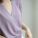 Short-Sleeved Ice Silk Knitted Women's 2026 Summer New Pearl Buckle Design Small Loose Thin Top