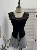 Real Shot Lace Splicing Mesh Yarn Bra Vest Summer Hook Buckle Fish Bone Girded Short Shirt 2878