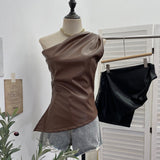 Sexy One-Shoulder Sleeveless Vest Pu Leather Side Zipper Repair Short Sleeveless Top 8116
