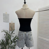 Real Shot With Chest Pad Lotus Leaf Edge With Bow Tector-Bossed Waist-Opened Hottie Sleeveless Top 9332