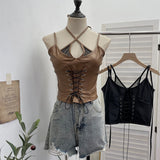 Real Shooting Locomotive Punk Pu Splicing Fishing Net Hanging Neck Sling Vest Babes Wearing Rope Repair Short Blouse 8106