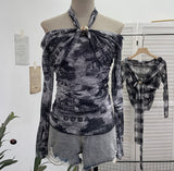 Heavy Industry Hanging Neck Long Sleeve Top Women's Autumn Dress Screen Printing Folds Repair Word Shoulder Bottom T-Shirt 8060