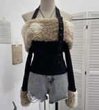Dizzling Dyeing Collar Splicing Composite Thin Velvet Hanging Neck Shoulder Long Sleeve Top Short Slim T-Shirt 1391