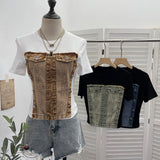 Unique Splicing Denim T-Shirt Girl Summer New Design Sense Short Fake Two-Piece Top Tide 8925