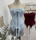 Real-Patting Texture With Chest Pad Anti-Slip-Slip-Smeared Breast-Wearing Bow Irregular Lace Repair Short Coat 2821